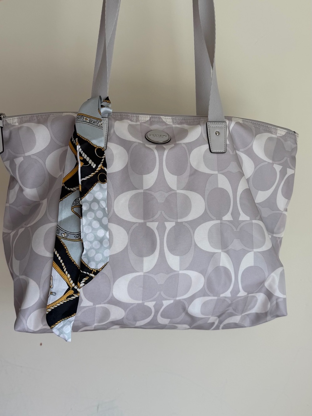 Coach Signature Gray White Tote Bag with Scarf